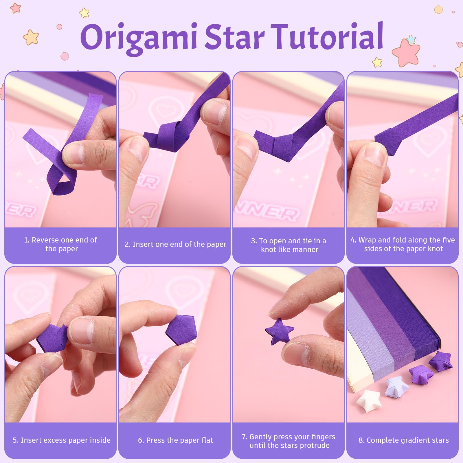 Abaodam Tiras de Papel para Origami de Estrella Degradado Morado con Botella de Cristal para Deseos, Kit de Manualidades Diy, Obsequio Romántico para Cumpleaños y Decoración Infantil