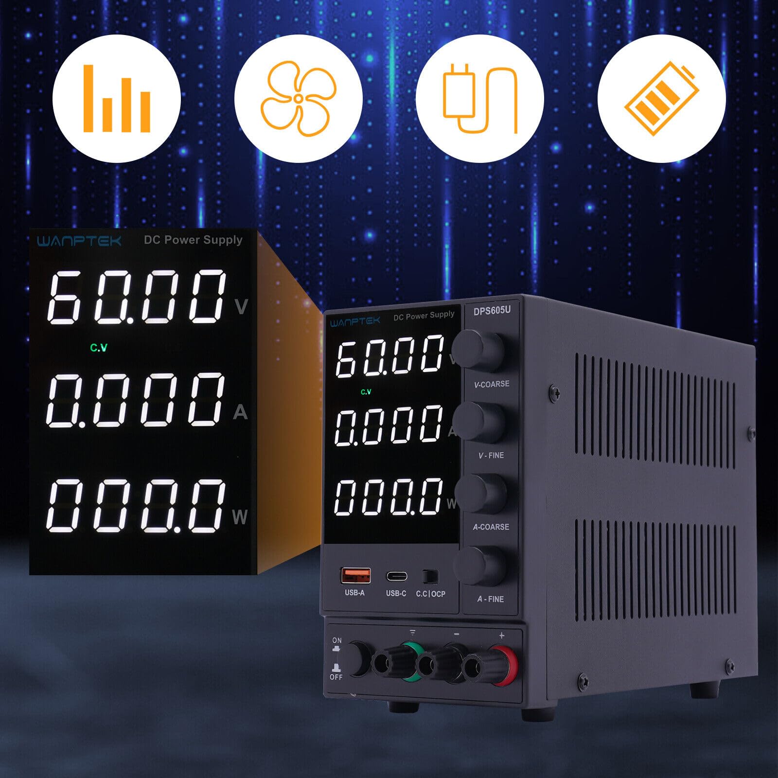 Fuente de alimentación de laboratorio, fuente de alimentación conmutada de 4 dígitos, 0-60 V, 0-5 A CC, regulable, fuente de alimentación de laboratorio, USB
