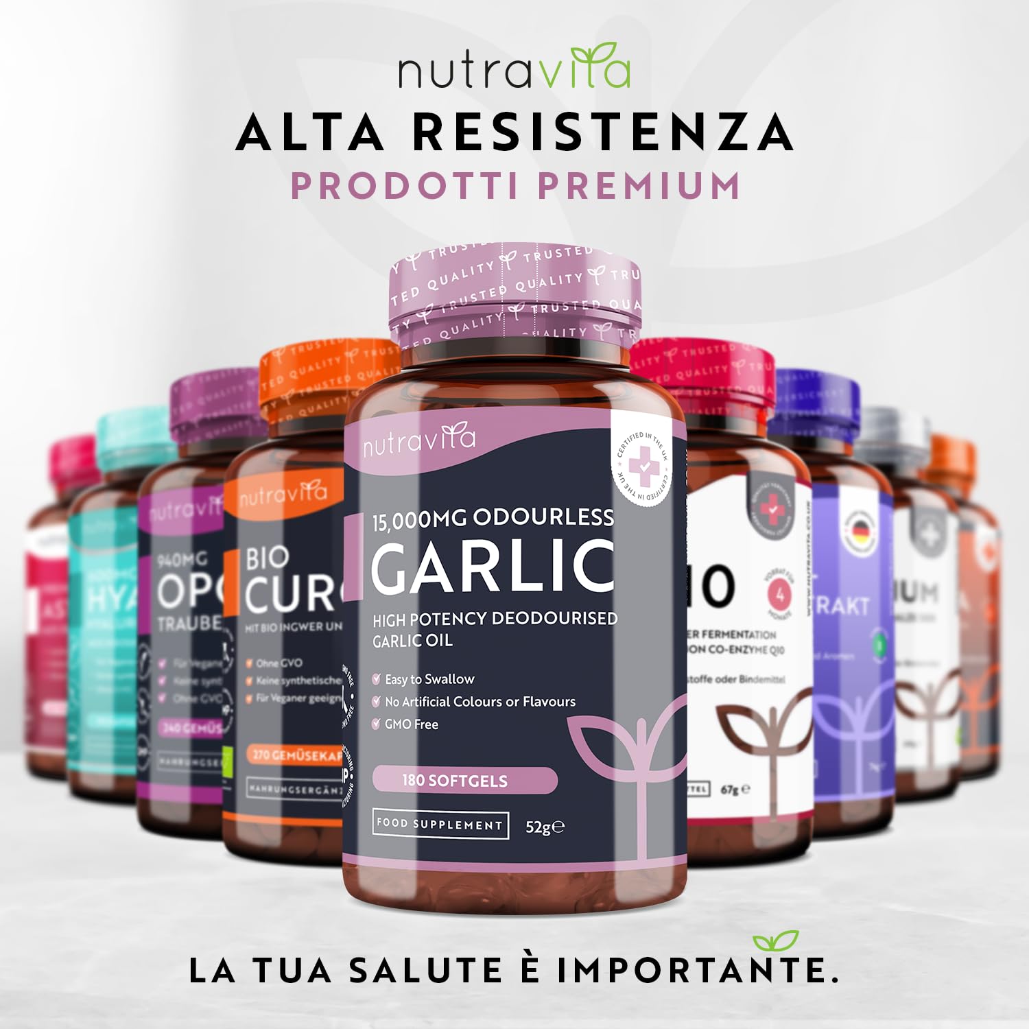 Nutravita Aglio Inodore in Capsule 15.000mg – 180 Softgels AltoDosaggio – Fornitura di 6 Mesi – Estratto di Olio di Aglio Puro ad Alta Qualità Deodorizzato Ricavato dall’Allium Sativum