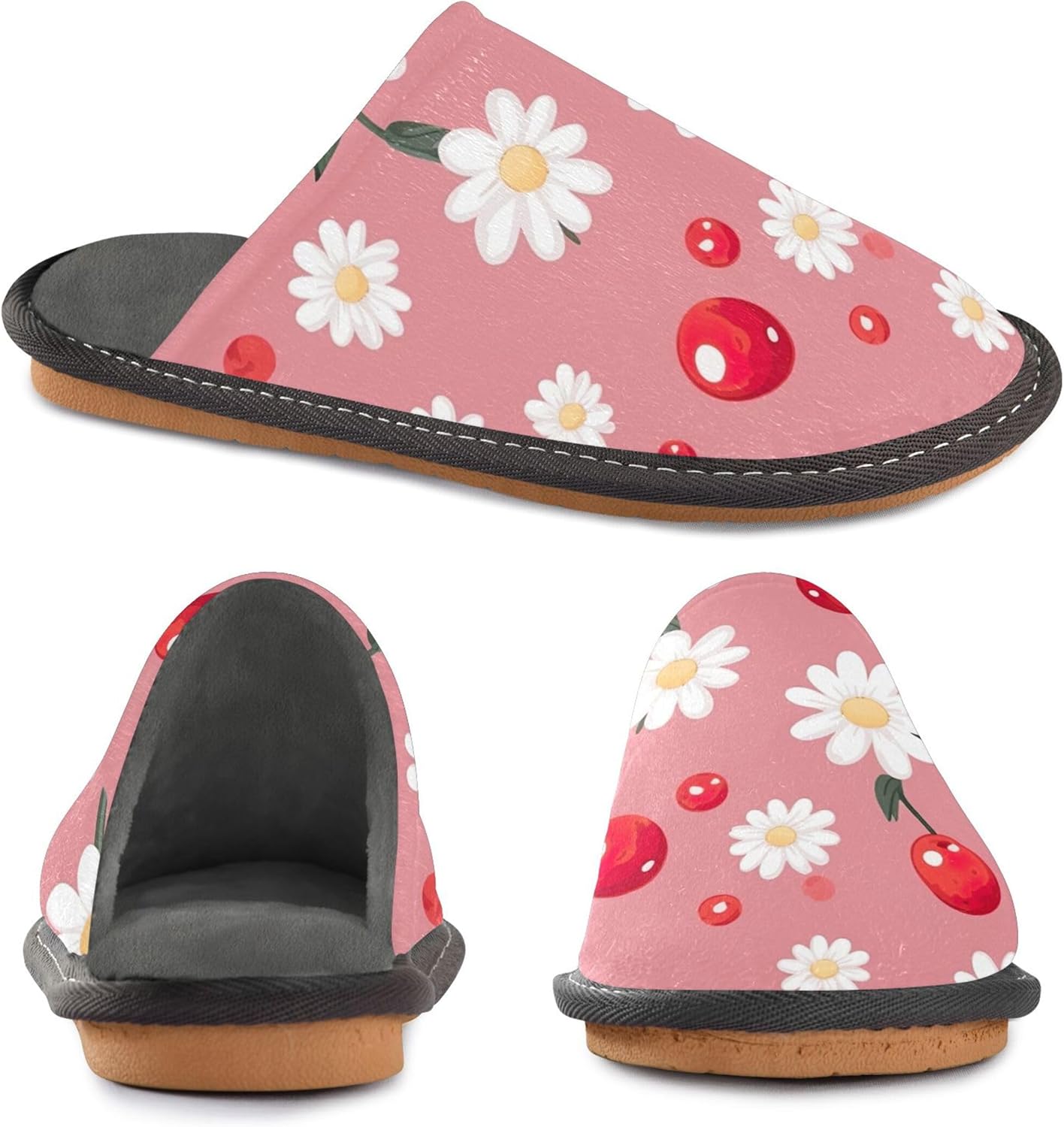 Daisy Flower Cherry House Slippers – Cozy Fuzzy Slippers for Guests, Washable & Disposable, Perfect for Shoeless Home, Spa & Hotel Use A110669