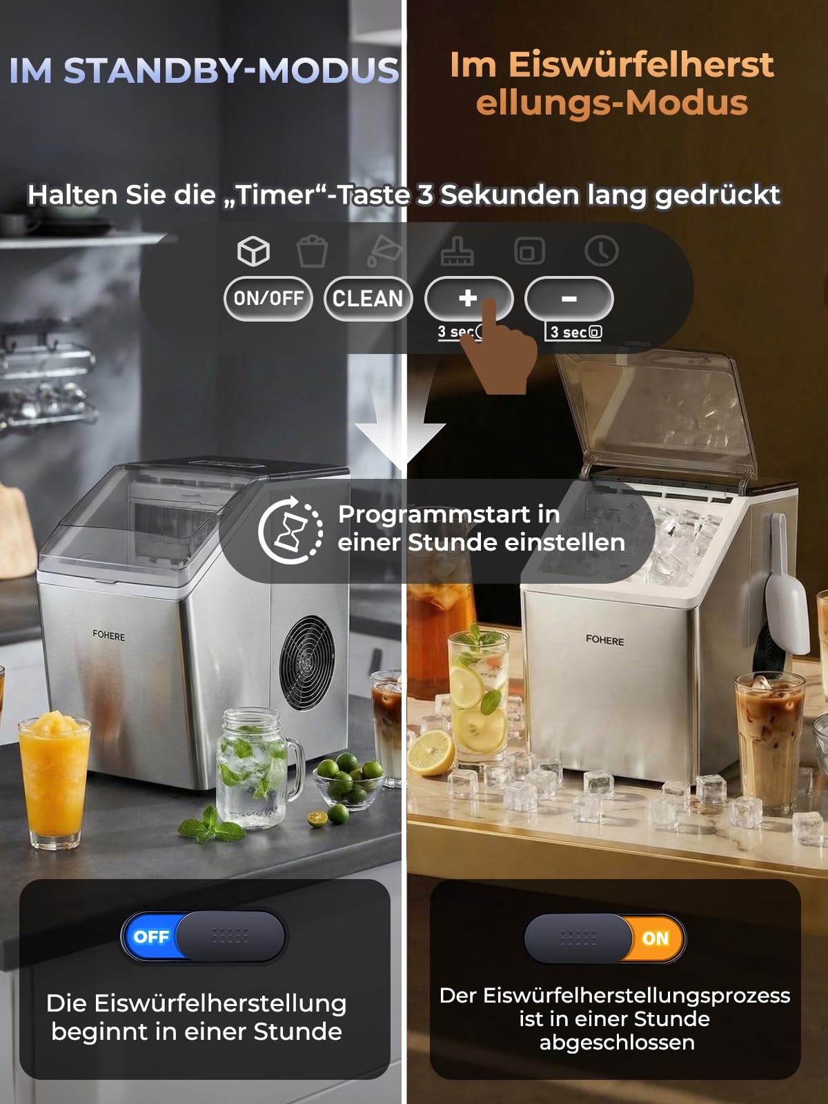FOHERE Eiswürfelmaschine Edelstahl, 24kg/24h, 24 Eiswürfel in 10 Min, 3.2L Dual-Wasserzufuhr, 40 dB Flüsterleise, Timer & Selbstreinigung & Abtaufunktion, für Hausbar & Partys
