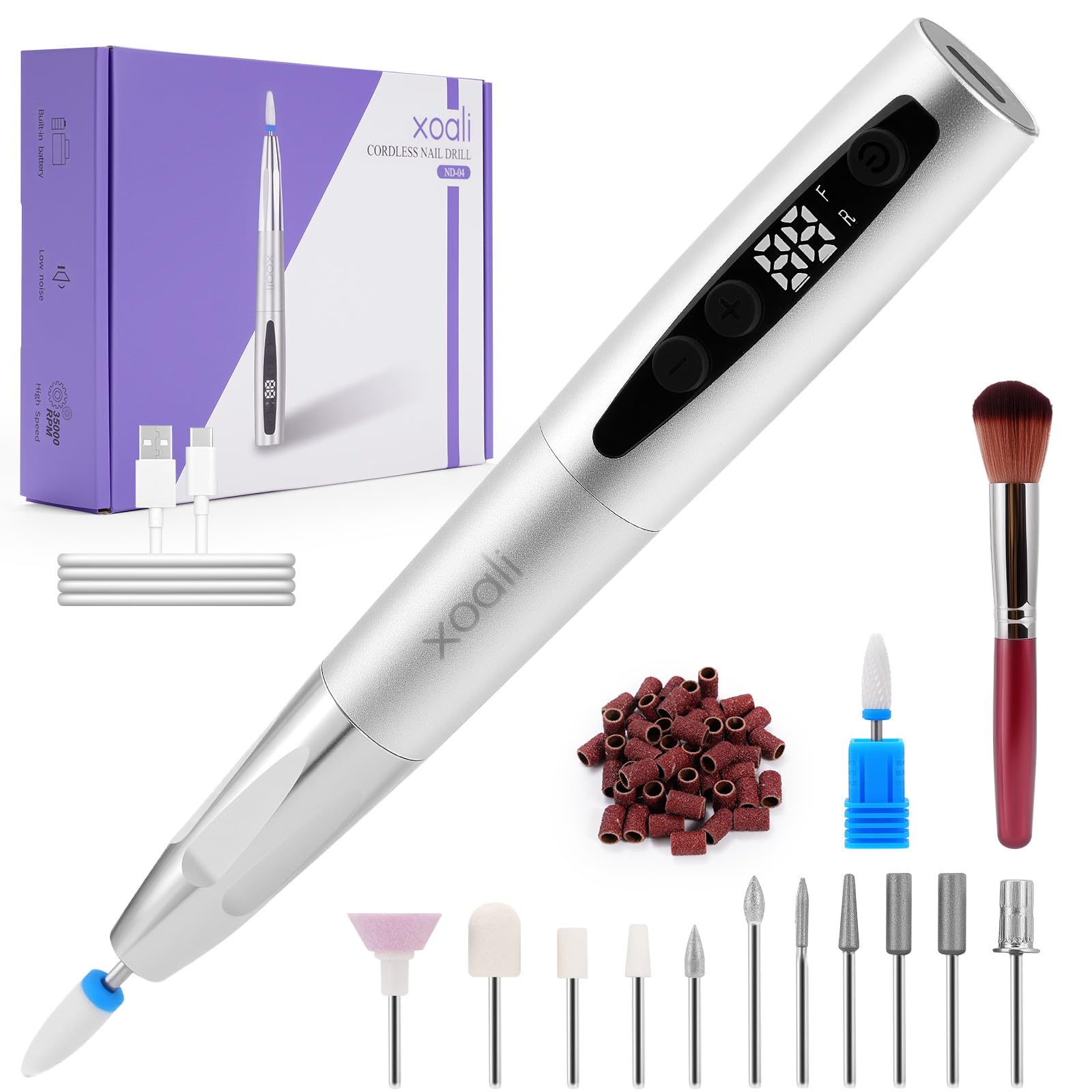 Xoali Nail Drill 35000 RPM, Electric Nail File 13 in 1 Kit, Wireless, Rechargeable Adjustable Speed, Professional Portable LED Electric Manicure & Pedicure, Silver