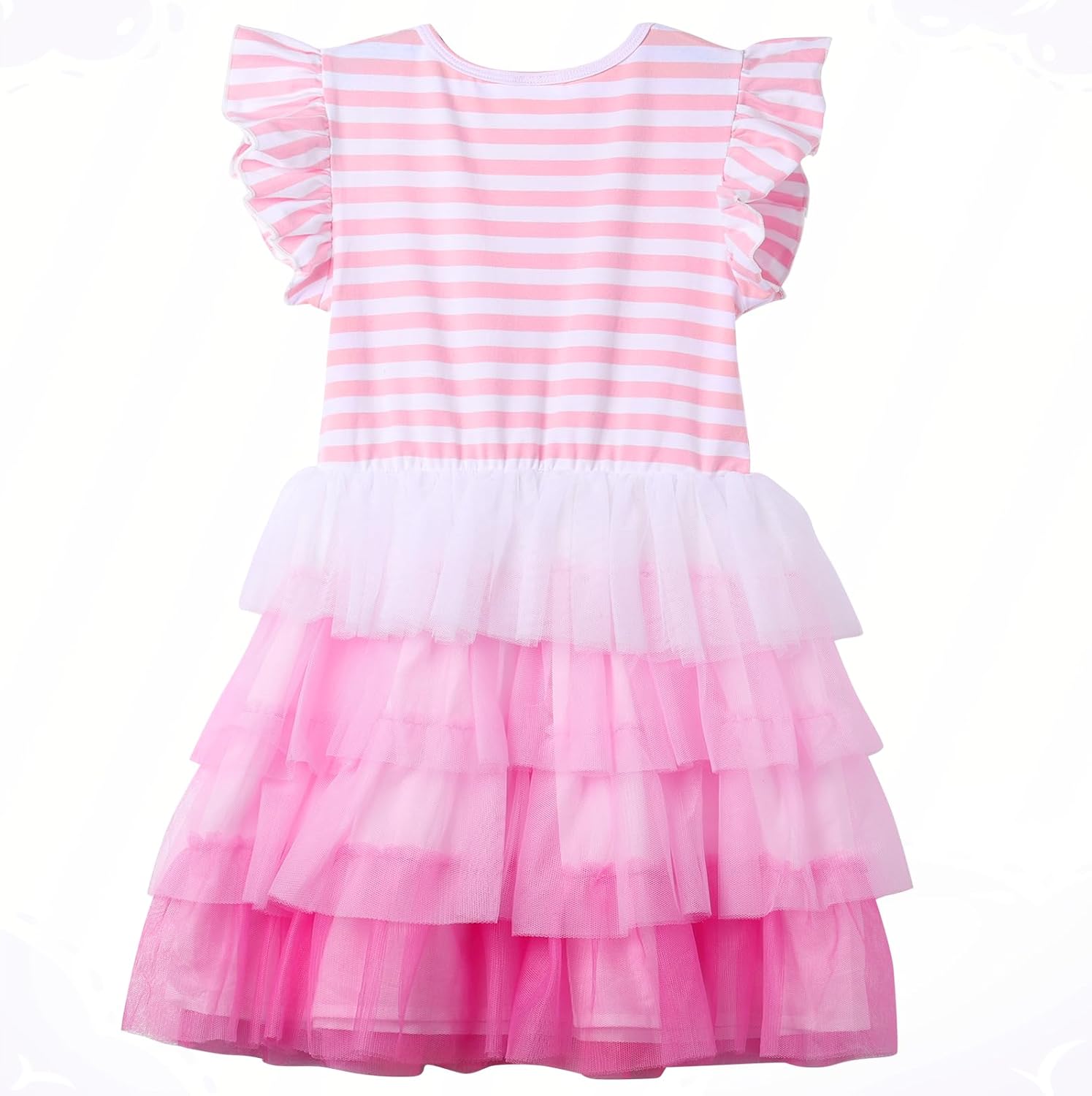 VASCHY Summer Tulle Dress Cotton Ruffle Sleeve Tutu Princess Dress Birthday Outfit Clothes for Toddler/Little/Big Kid Girls - Image 3