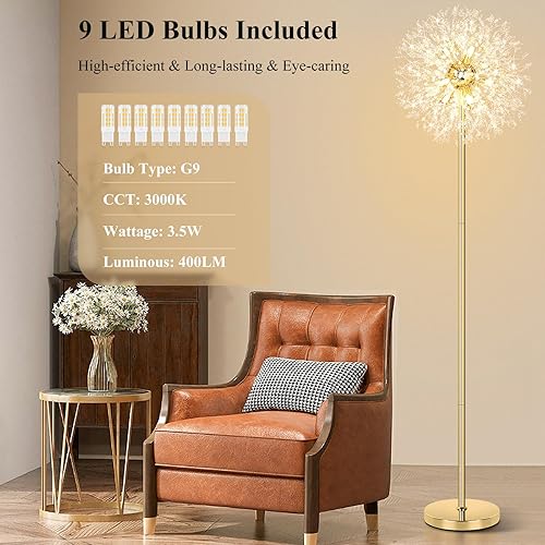 Miniatura 4 de BesLowe Lámpara de pie de cristal de 69 pulgadas para sala de estar, lámpara de pie moderna con 738 cristales K9, lámpara alta para dormitorio,