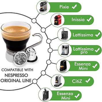 CAPMESSO Reusable Coffee Pods - 6pcs Refillable Stainless Steel Capsules Compatible with Nespresso Original Machine (6 Pods+100pcs Lids+ Wood Storage Tray)
