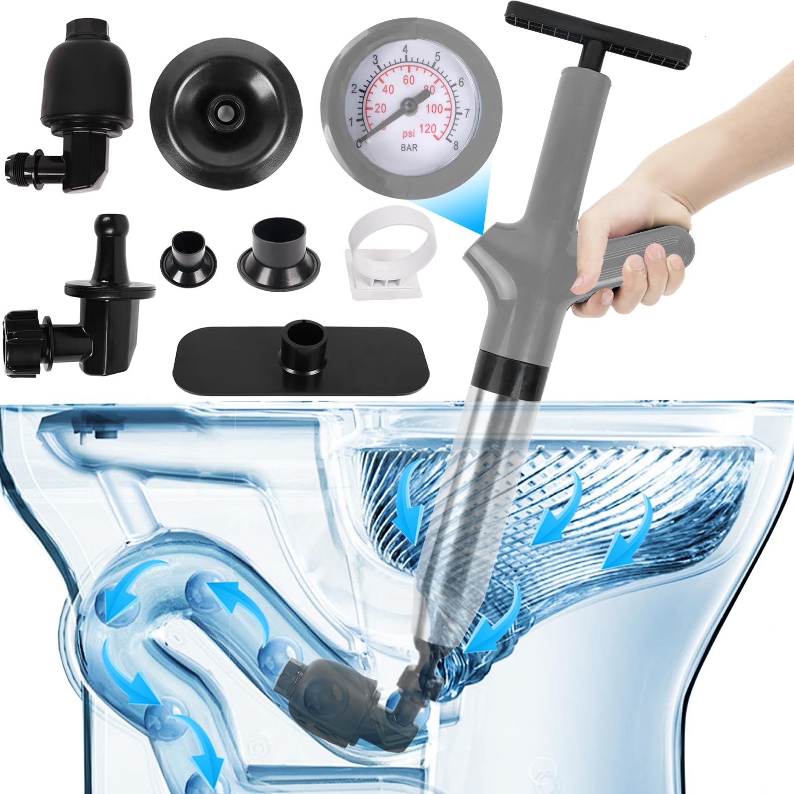 Toilet Plunger, Drain Clog Remover, High-Pressure Air Drain Blaster with Real-Time Barometer Powerful Drain Sink Plunger Plumbing Tools, Plungers for Bathroom Sink Floor Kitchen Clogged (Grey)