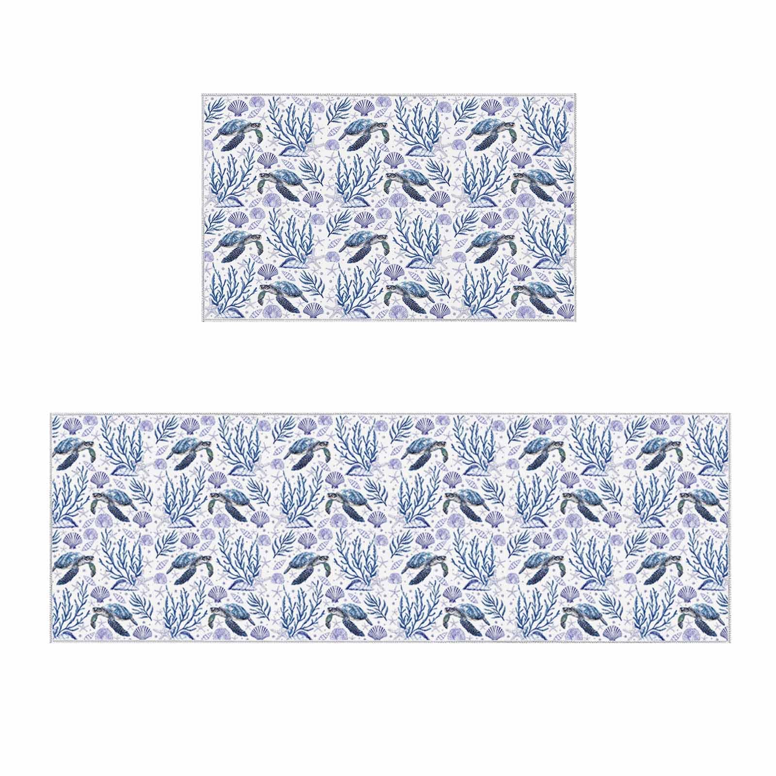 2 Pieces Kitchen Rugs and Mats,Summer Watercolor Turtle Coral Shell Conch Area Runner Rug Set Non Slip Floor Doormat Washable Carpet Standing Mat for Kitchen Sink Indoor Corridor,Seamless Marine Life