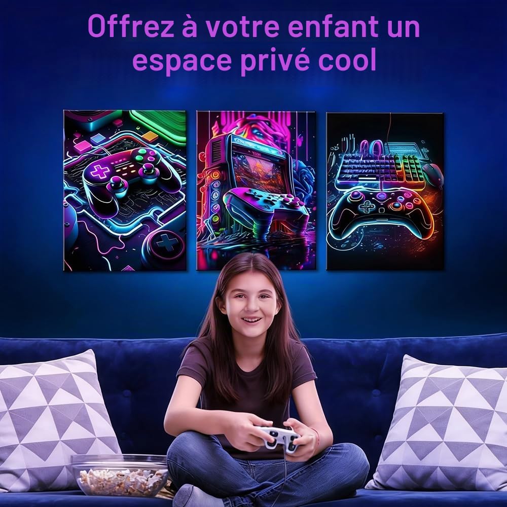 3 Estampes D'art Mural Affiche Manette de Jeu Vidéo Néon Poster Gaming 30x40 cm Sans Cadre