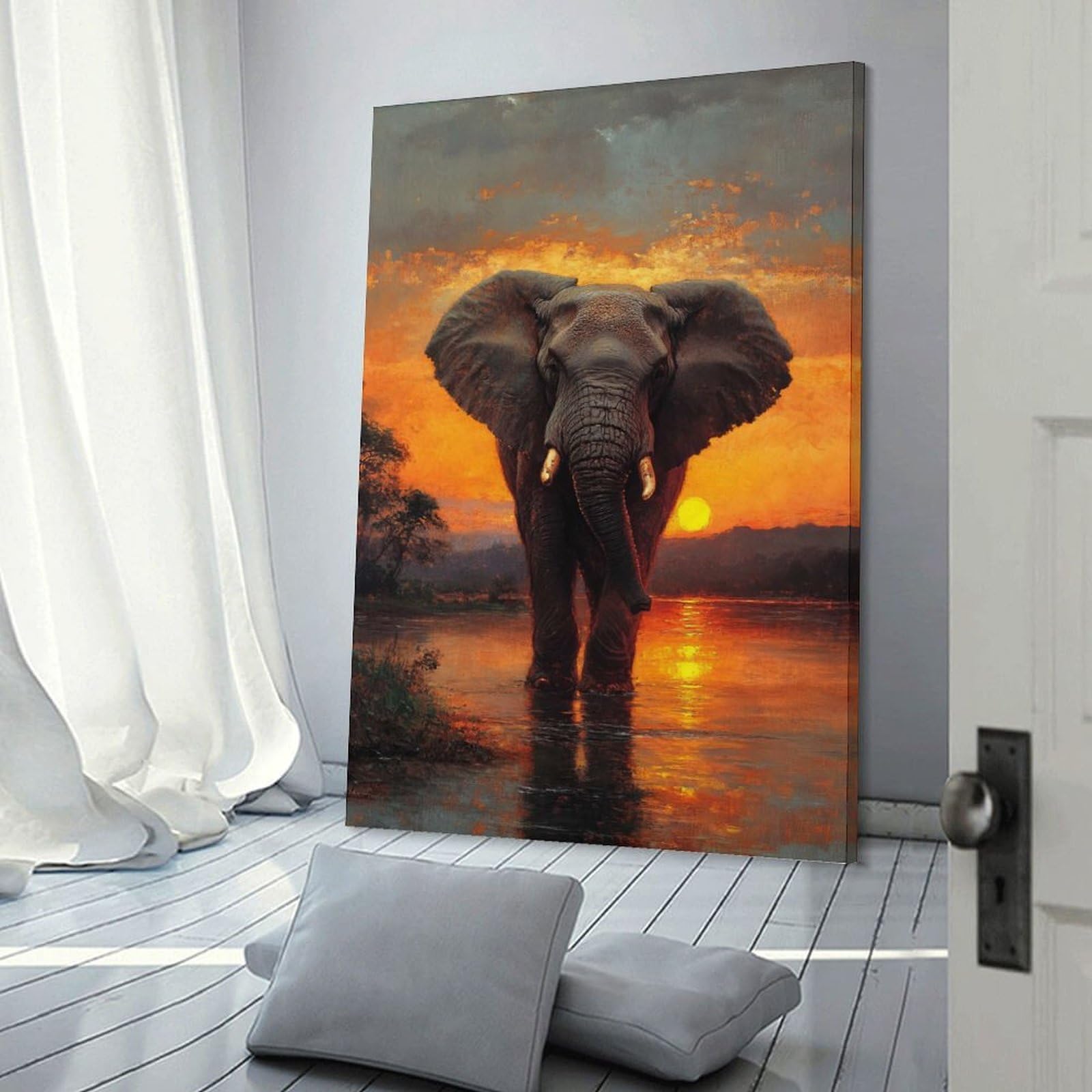 Junmoney Frame-Style-11 Decorative Wall Artwork Elephant Sunset Poster, Picture, Metal Print, Paint By Tesiga, 08X12inch(20X30cm), For New Homes, Bedrooms Or Workspaces, Canvas Artwork With Gifting Potential