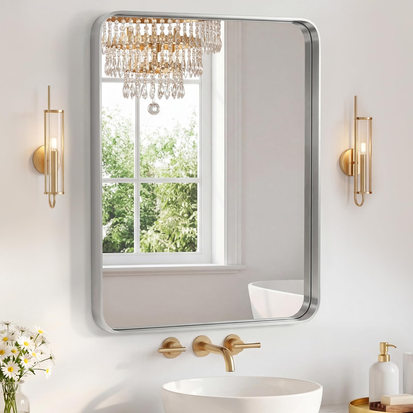 Sweetcrispy Bathroom Mirror 36x28 Inch Metal Framed Rounded Rectangle Vanity Mirror for Wall, Over Sink, Farmhouse, Restroom, Anti-Rust, Modern Decorative, Horizontal or Vertical Hanging, Silver