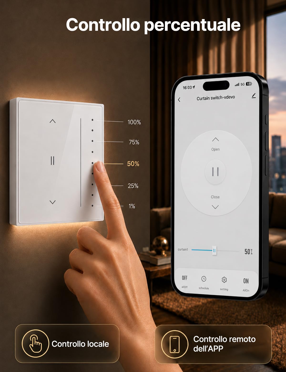 MOES Zigbee Interruttore per tapparelle intelligente | Da incasso, regolazione percentuale, timer, compatibile Alexa/Google, filo neutro richiesto