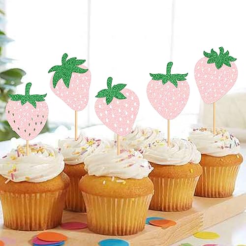 Miniatura 8 de Keaziu Paquete de 24 adornos de fresa para cupcakes con temática de fresa, para cumpleaños, boda, fiesta, baby shower, verano, jardín, fiesta,