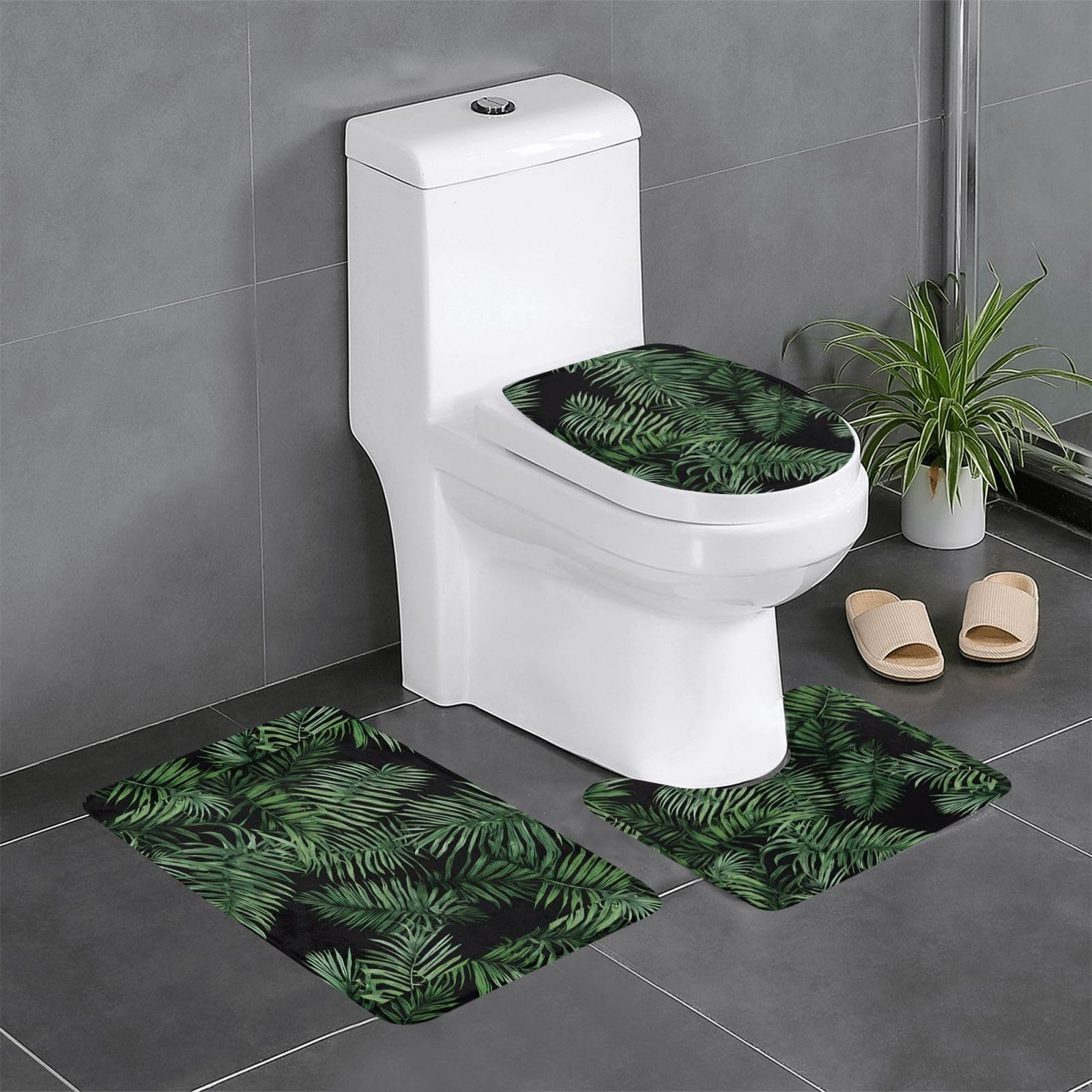 Tapis de bain doux tapis contour en U feuilles de bananier vertes 3Pcs