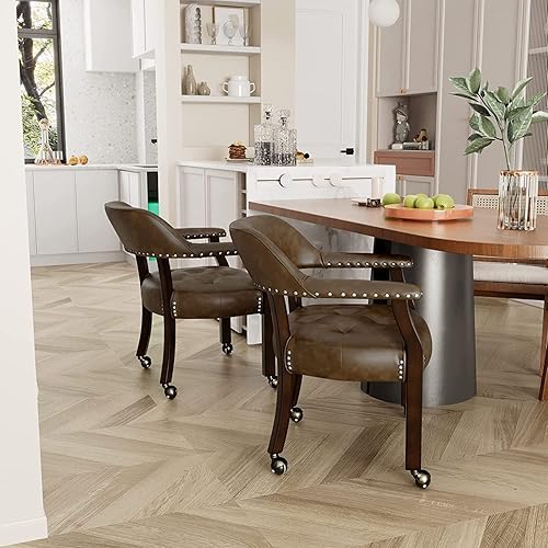 Miniatura 3 de Silla de comedor con ruedas, silla de cuero con ruedas y cabeza de clavo, sillas de comedor con rodillos, sillas de respaldo curvado con ruedas,