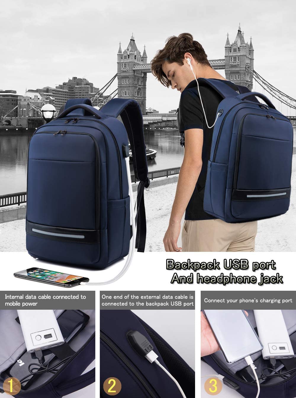 Vodlbov Zaino per computer portatile da 17 pollici di grande capacità da uomo impermeabile antifurto Zaino per PC portatile con USB Charging Port Zaino funzionale per viaggi d'affari college donna
