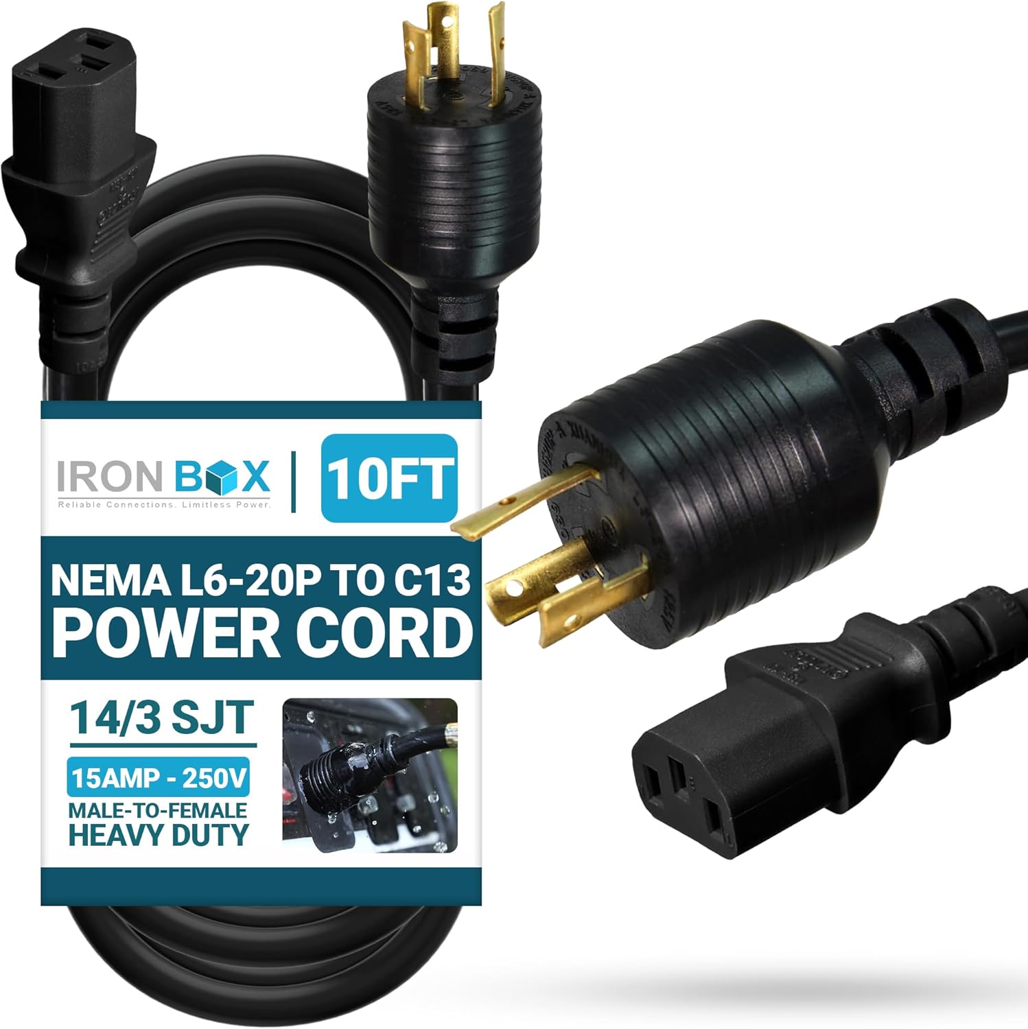 IronBox Electric NEMA L6-20P to C13 Power Cords - 15A, 250V, 14/3 SJT - UL Listed Power Extension Adapter - Heavy Duty Plug and Cables for Data Centers, PDU, High Powered Devices & More (15ft, Molded)