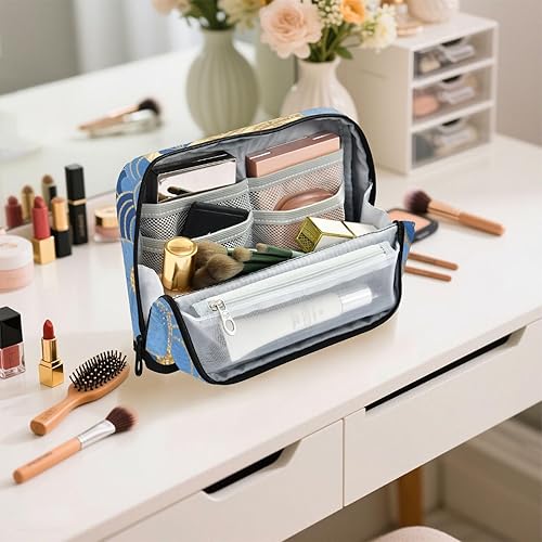 Miniatura 7 de Estuche de almacenamiento de lápices retro japonés azul y dorado con ondas de flores de gran capacidad con moneda con cremallera para mujeres