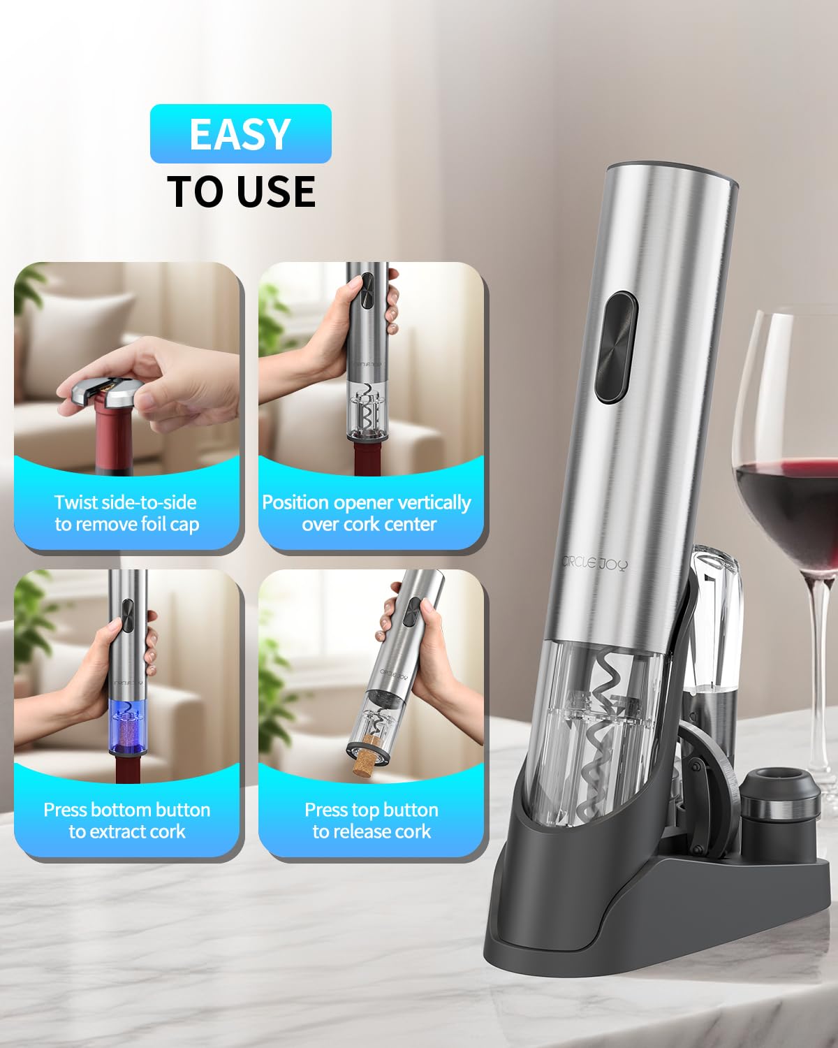 CIRCLE JOY Ouvre-bouteille électrique 7 en 1 en acier inoxydable rechargeable avec pompe à vide automatique, coupe-capsule, bec verseur, 2 bouchons sous vide et station de charge