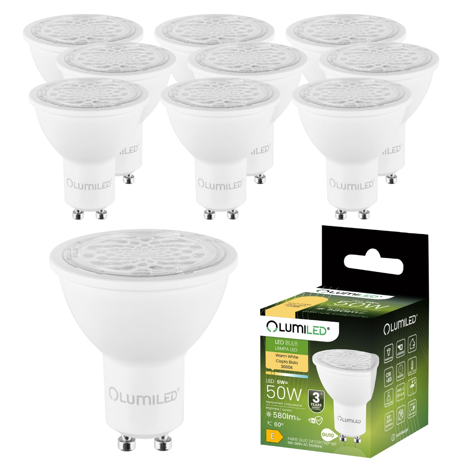 Lumiled GU10 LED, 6W 580 Lumen Leuchtmittel, 3000K warmweiß Birne Lampe Strahler Spot, ersetzt 50W 24°/36°/60° Grad Strahlwinkel Reflektorlampen Reflektor 10 Stück Energiesparlampen