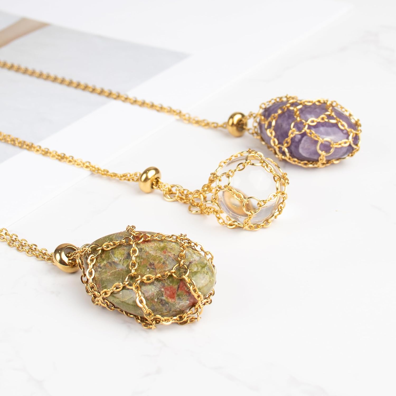 22Inch Stainless Steel Interchangeable Crystal Holder Necklace Chained GemStones Cage Necklace Trendy Pendant Necklace for Women Men Necklace Holder for Healing Crystal