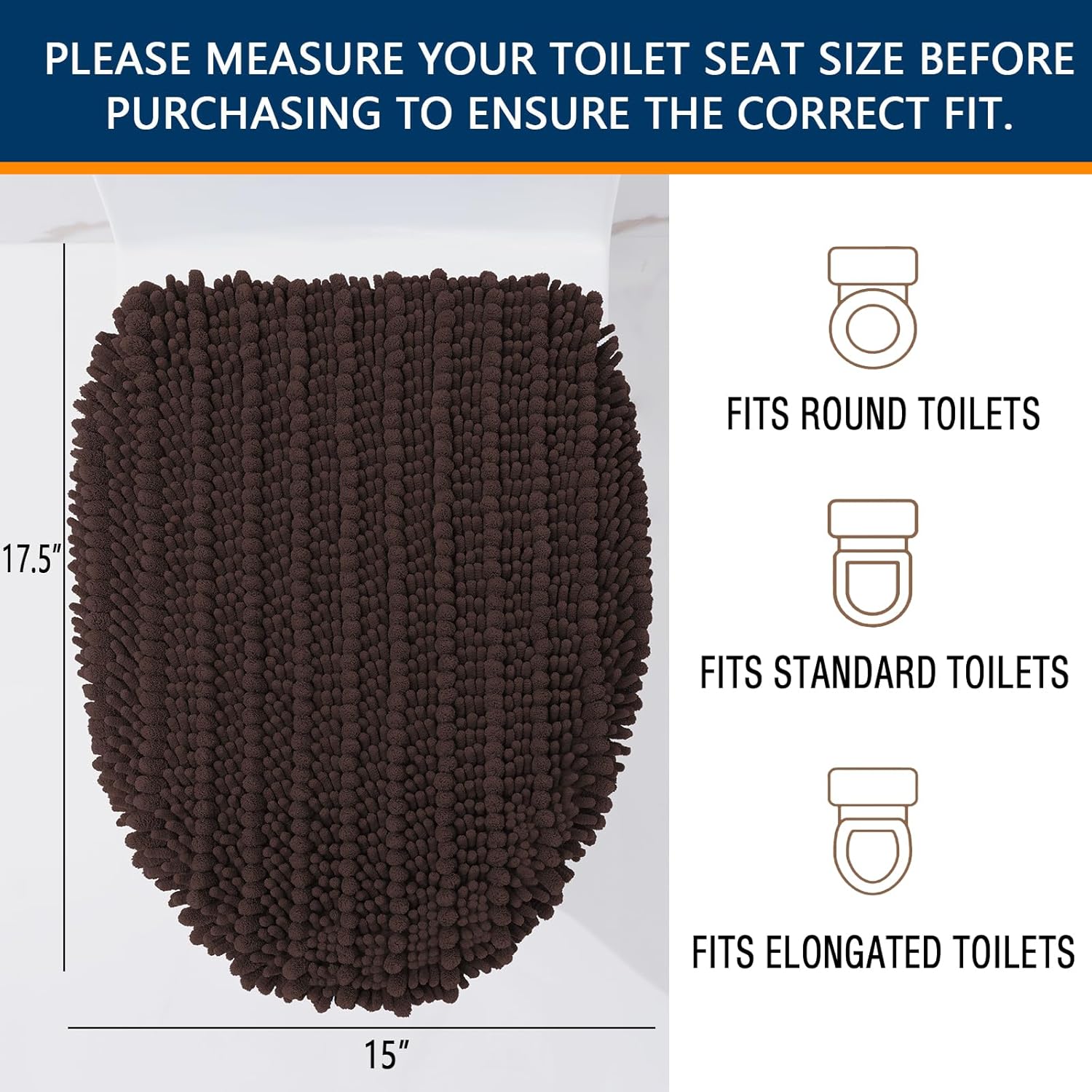 Arotive Soft Chenille Bathroom Toilet Lid Cover 17.5x15, Machine Washable Seat Covers, Stays in Place Non-Slip Backing, Fits Most Round, Elongated and Oblong Lids, Accessories Decor, Brown