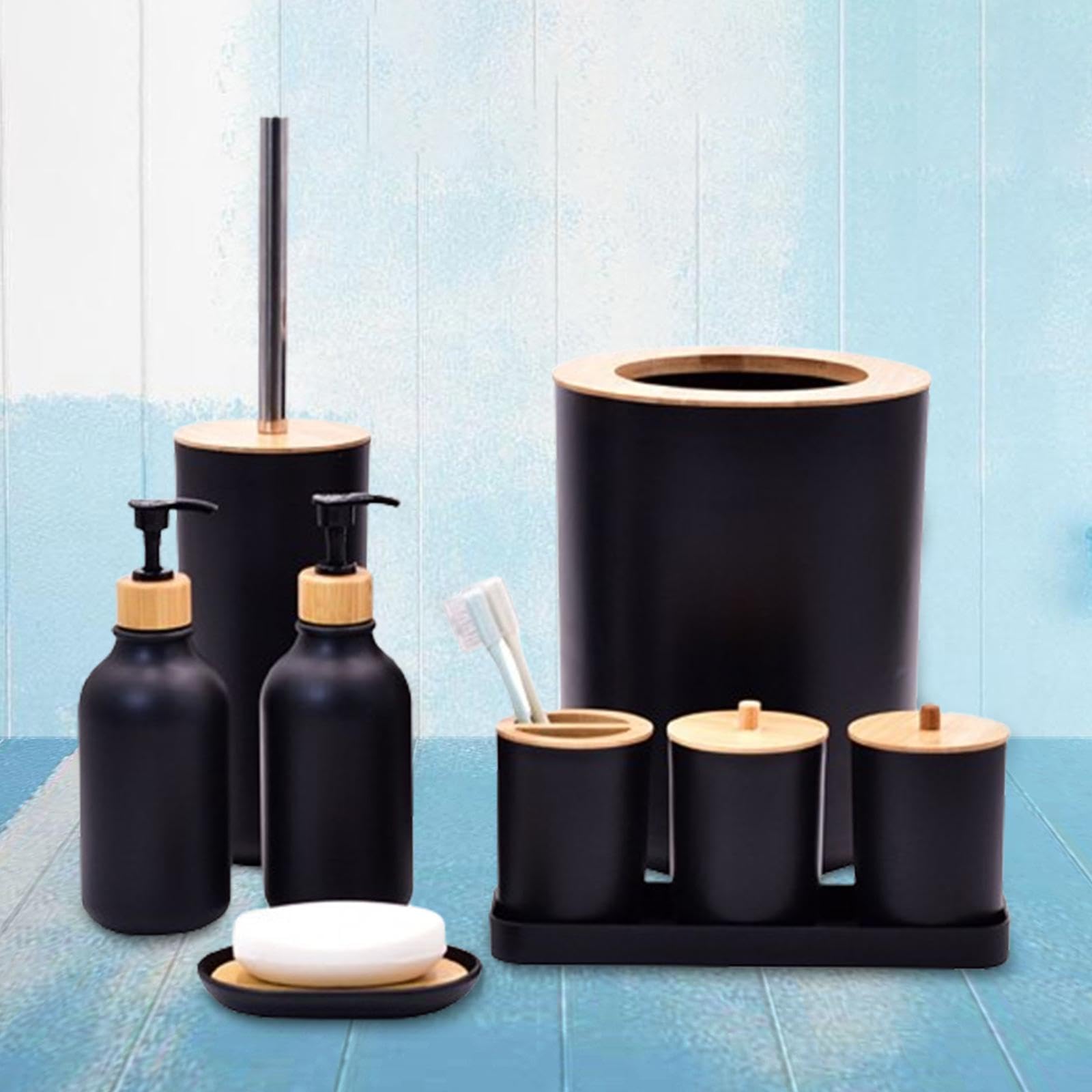 11 Piezas Dispensador de Jabón Set de Accesorios para Baño con Contenedor para Bastoncillos Jabonera Porta Cepillos de Dientes Y Cubeta Adecuado para, Negro, Individual