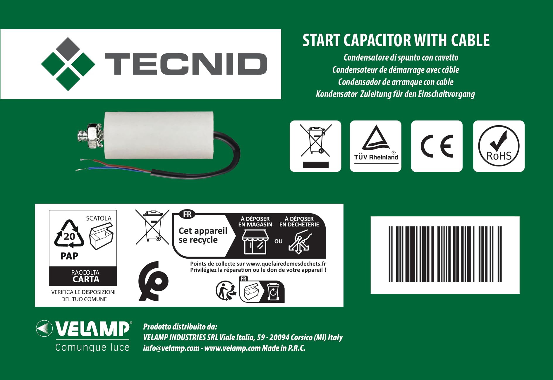 Tecnid by Velamp – Condensatore di Spunto 25µF 450V AC con Cavetto 15cm – Condensatore di Avviamento Per Motori Monofase, Compressori, Pompe, Climatizzatori