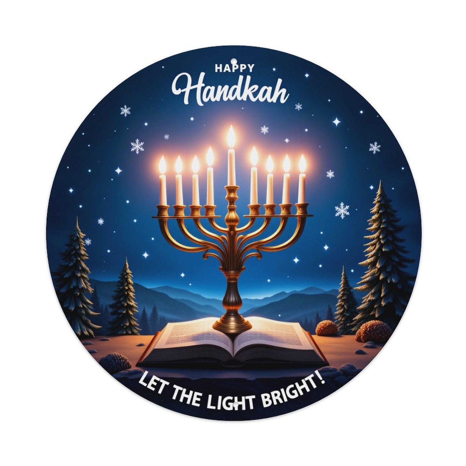 Happy Hanukkah Candle Light Night Round Tin Sign Vintage Metal Poster, Home Bar Garage Man Cave Cafe Indoor & Outdoor Wall Decoration 8x8Inches