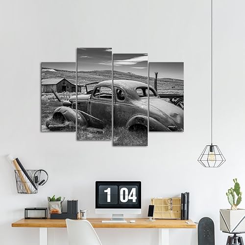 Miniatura 2 de Canvbay Lienzo de 4 paneles en blanco y negro con diseño de camión viejo, para pared, pintura oxidada abandonada, pintura automotriz, arte vintage