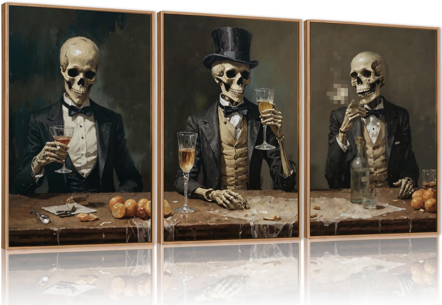 FWIEXA Halloween Skeleton Canvas Wall Art Set of 3, Gothic Skull Framed Painting Artwork, Dark Reaper Prints, Creepy Spooky Decor 16x24In for Party, Bar, Gift, Living Room, Bedroom Gentleman Ghost 16"x24"
