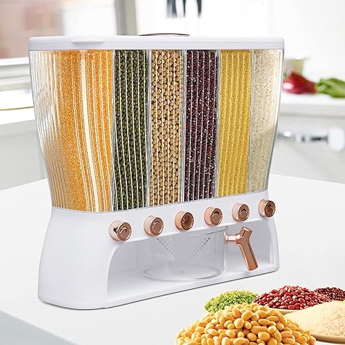 Miniatura 4 de Dispensador de alimentos secos, 6 rejillas, dispensador de arroz, contenedor de almacenamiento de cereales transparente con taza medidora para