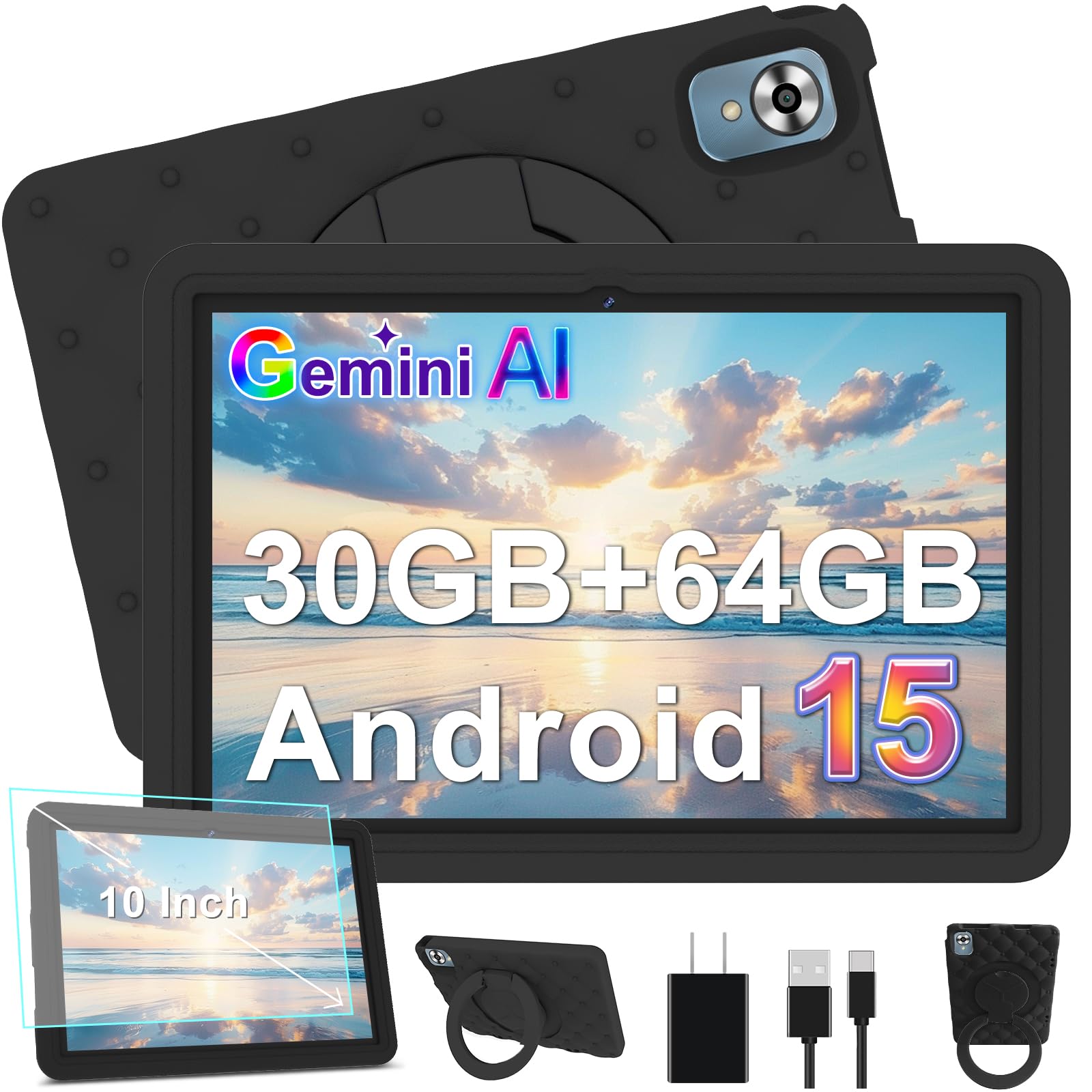 DMOAO Tablet 10 Zoll Android 15 mit Tastatur, Gemini AI, 30GB RAM + 64GB ROM (2TB Erweiterung), 5G WLAN, Widevine L1, Octa-Core, GPS, Face ID, FHD IPS, 6000mAh, USB, Schwarz
