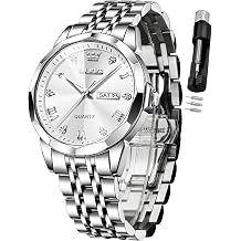 OLEVS Watches for Men Diamond Business Dress Analog Quartz Stainless Steel Waterproof Luminous Date Two Tone Luxury Casual Wrist Watches,Silver Watches for Men