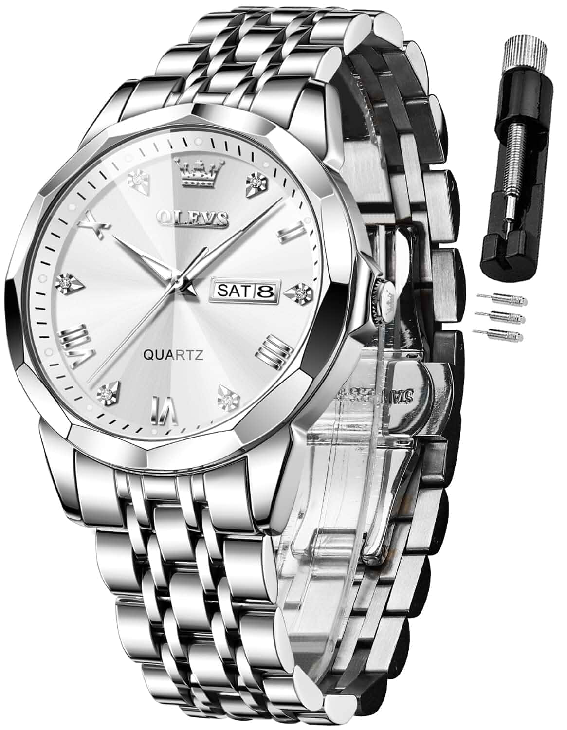 OLEVS Watch for Men Diamond Business Dress Analog Stainless Steel Waterproof Luminous Date Two Tone Luxury Casual Wrist Watch Stainless Steel