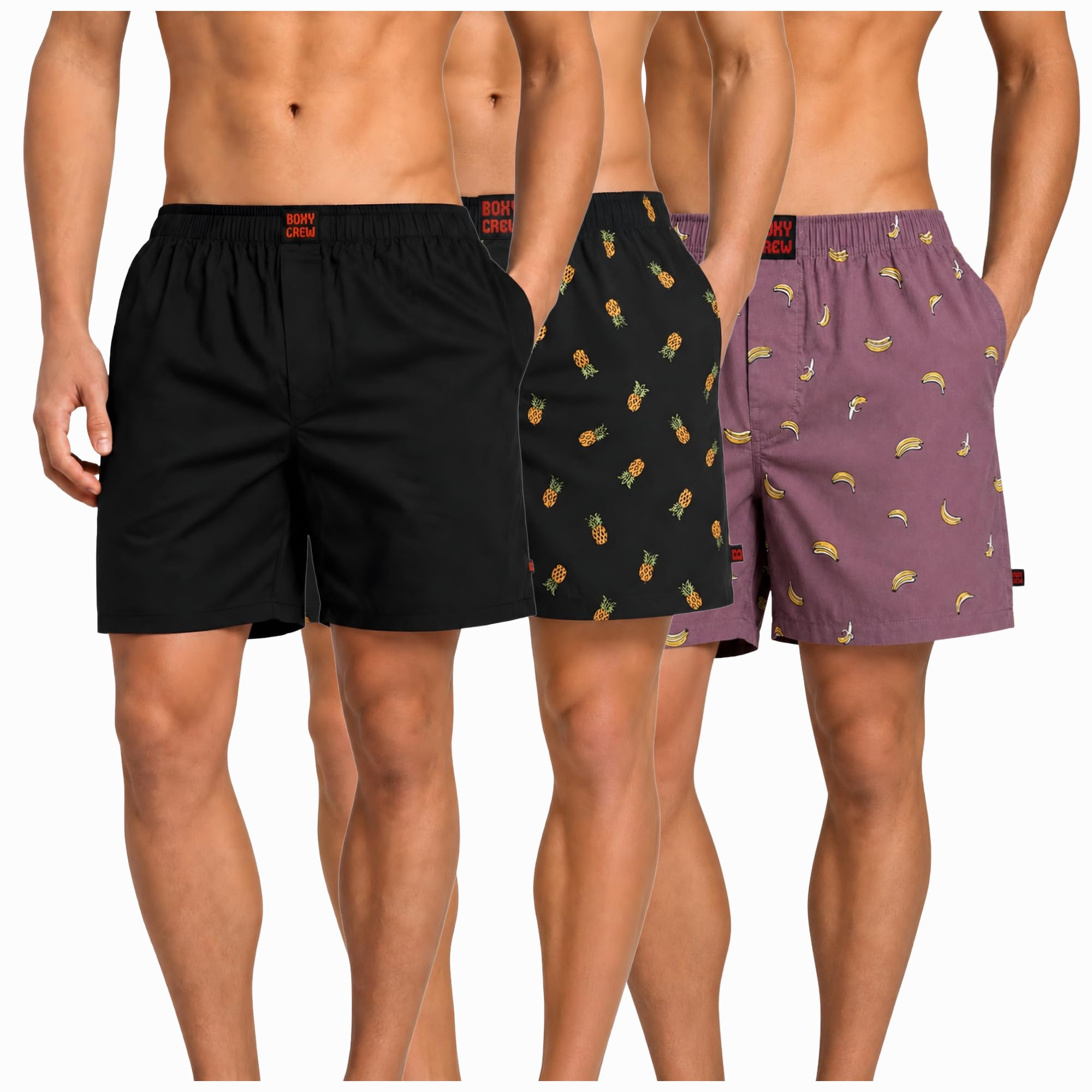 Men's 100% Cotton Boxer Shorts Pack of 3, Black, Charcoal & Rose Pink | Woven Boxers with Side Pockets, No-Marks Elastic Waistband, Breathable Relaxed Fit | Style 001-004-006-image-28