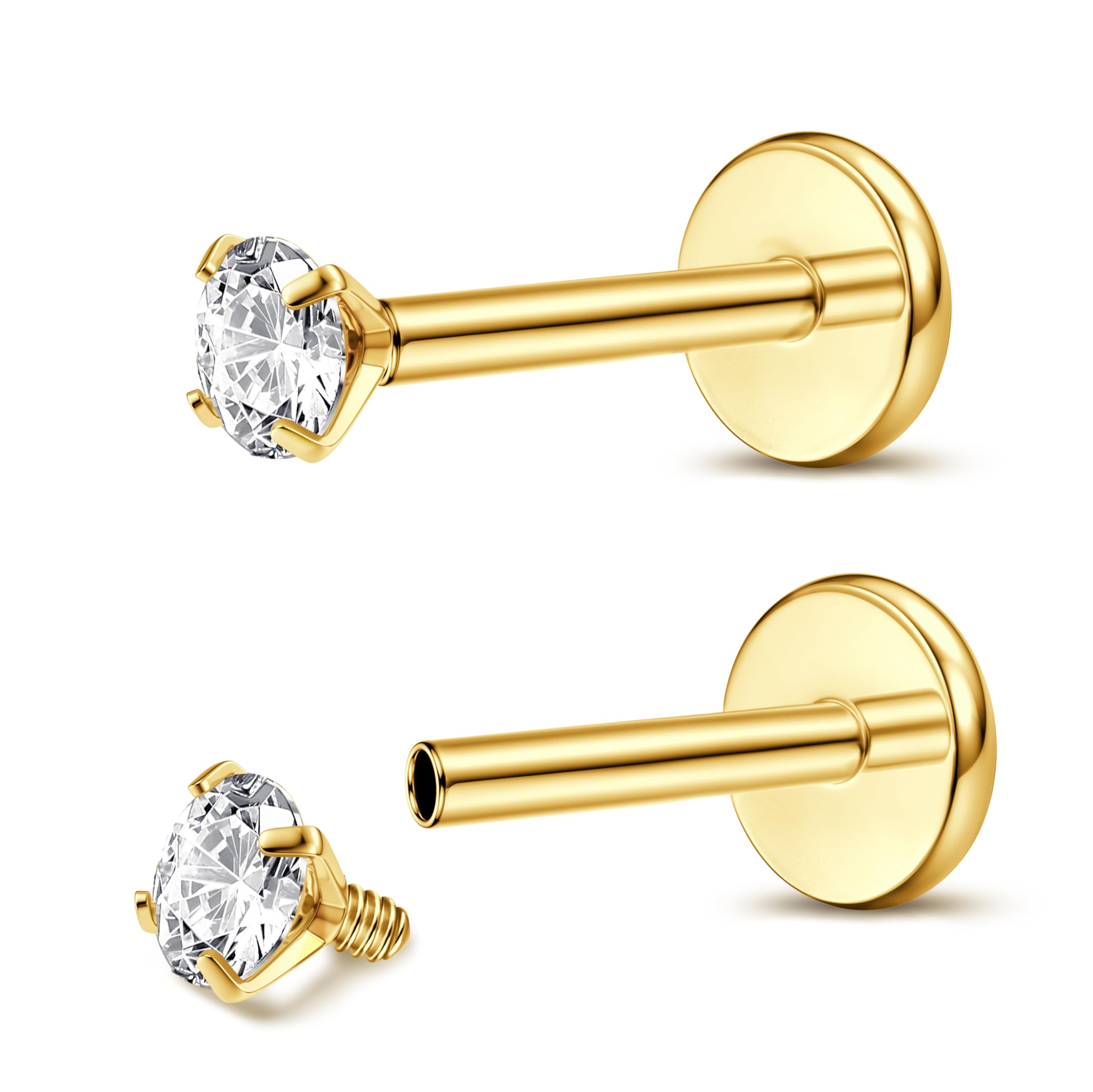 Adramata 2Pcs G23 Titanio Piercing Labret Roscado Interno Piercing Labio Monroe Medusa Piercing CZ Pendiente Piercing Pequeño Piercing Nariz Piercing Helix Piercing Tragus Oro Plata Piercing Oreja