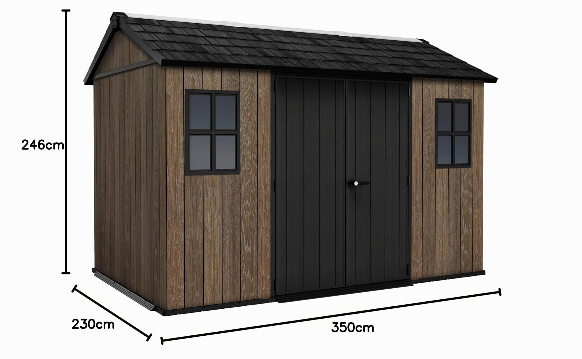 Keter Apex Gerätehaus 7,5x11, Kunststoff Geräteschuppen mit Oberlicht und Belüftung, abschließbar, wetterfest, Walnuss Holzoptik