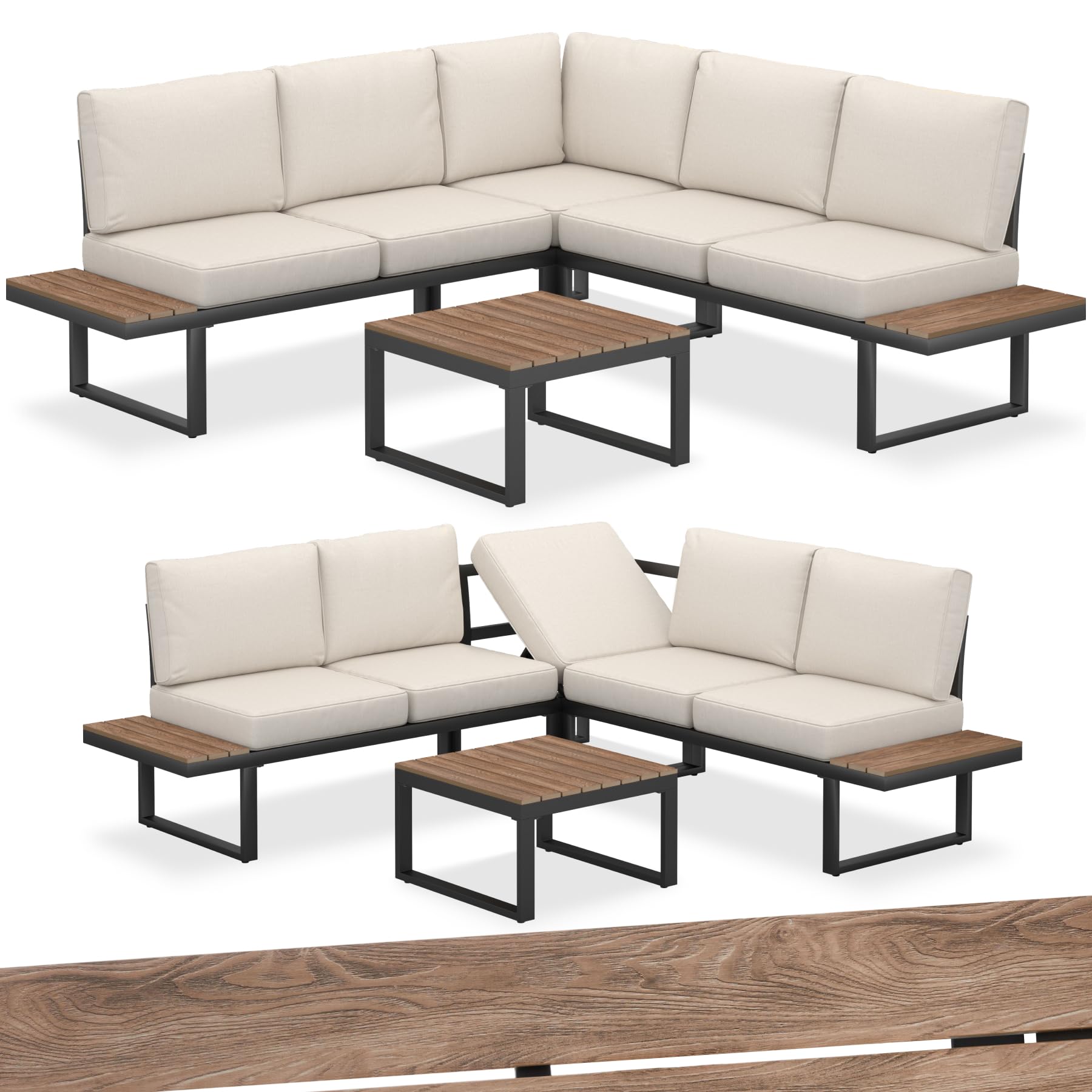 tectake® Gartenlounge Set 4-teilig, wetterfest, Gartenmöbel mit Aluminium-Gestell und Polywood-Tisch, verstellbare Rückenlehne, Gartenmöbel Set mit Kissen, Gartenlounge für Garten, Balkon, Terrasse