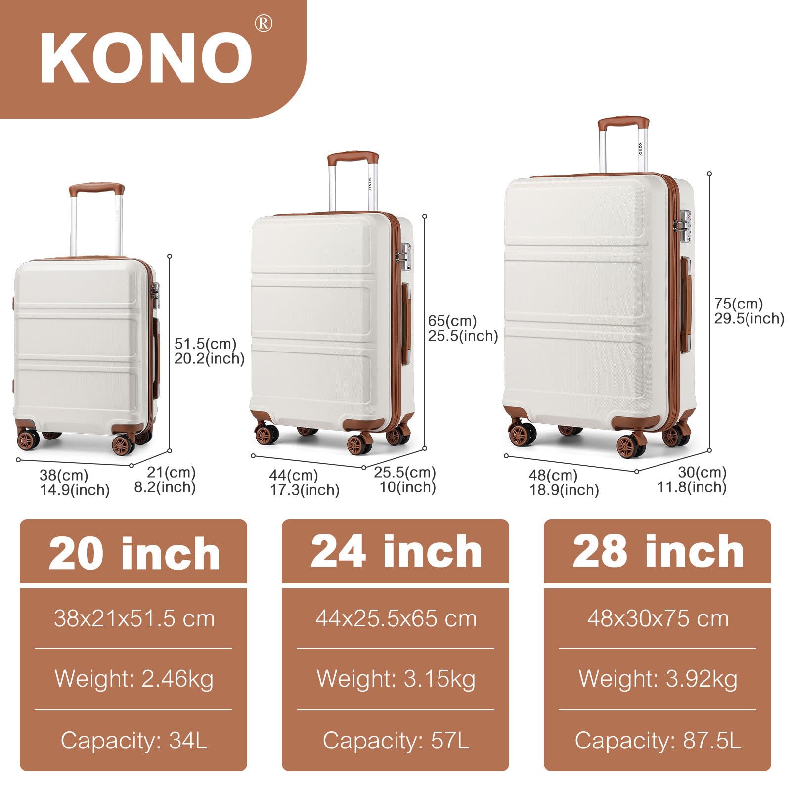 KONO Koffer & Trolleys Mittelgroß 24 Zoll Leicht ABS+PC Hartschalenkoffer mit TSA-Schloss Reisekoffer mit 4 Rollen Rollkoffer 65×44×25.5cm, Cremeweiß