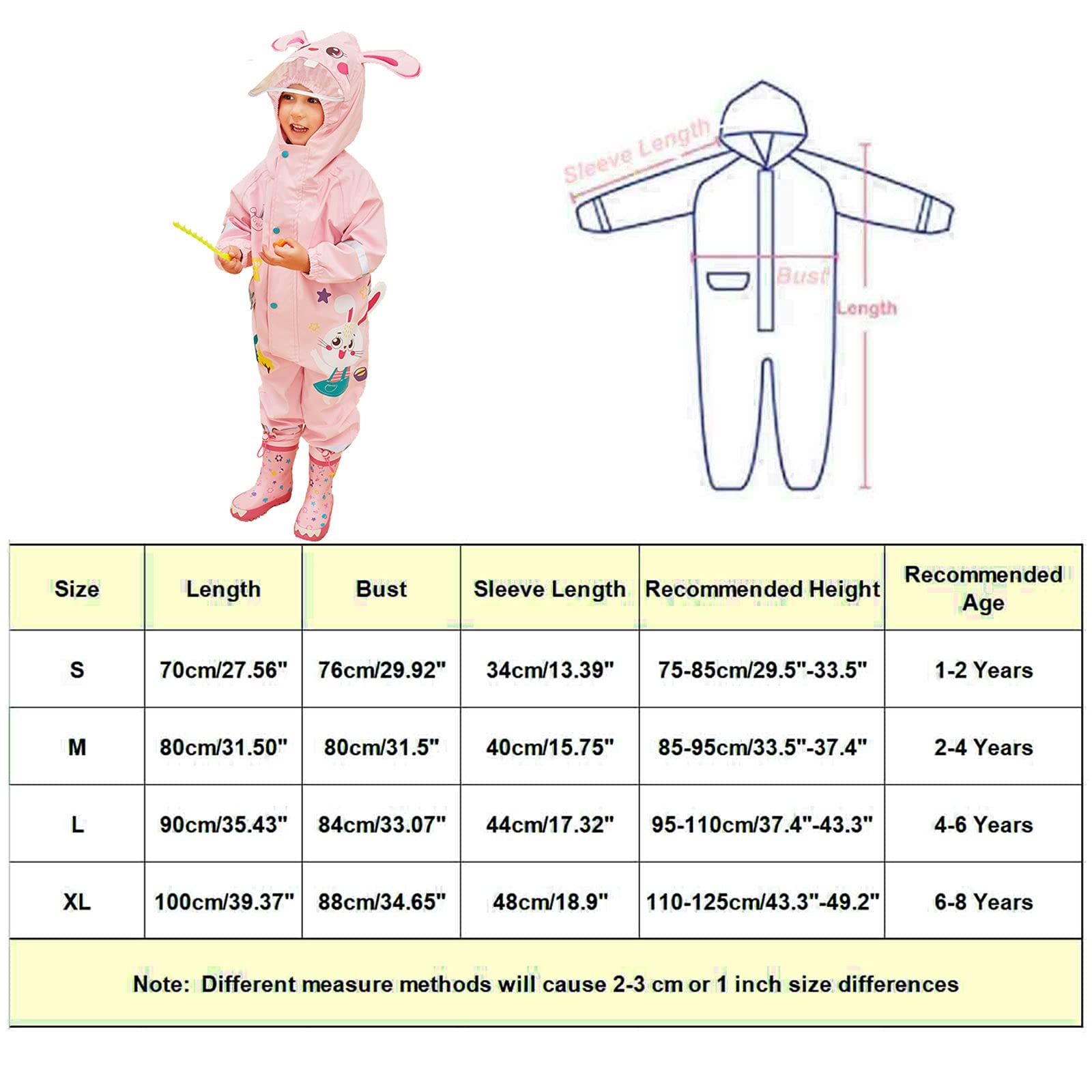 JinBei Imperméable Garçon Fille à Capuche Combinaison de Pluie Enfant Manteau Veste Pantalon Dessin 3D Animé Mignon Cape Unisexe Léger Rayure Réfléchissante Randonnée Outdoor Imperméables 1-8 Ans