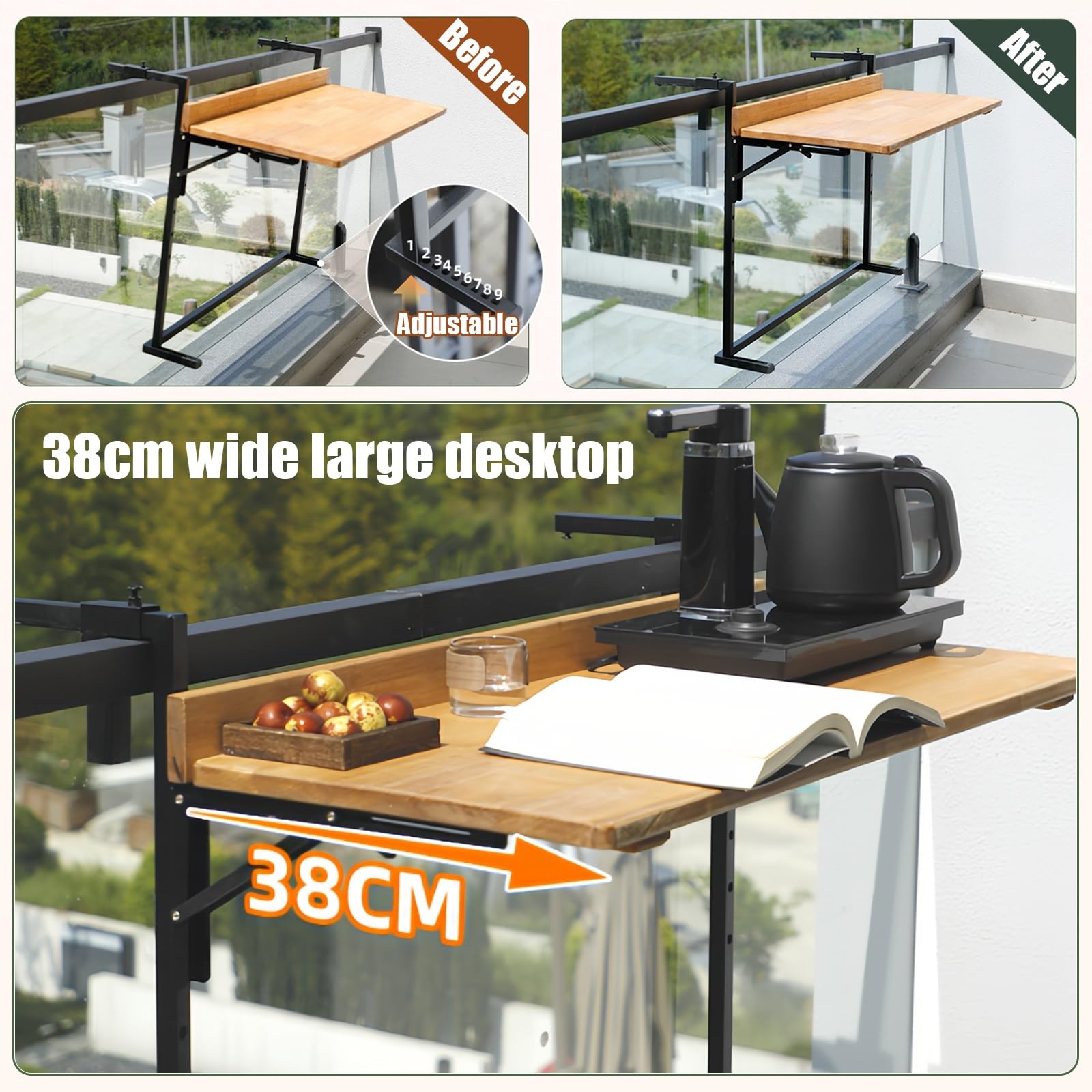 Table Balcon Suspendue Rabattable Murale pour Balustrade Extérieur Jardin 38x90cm