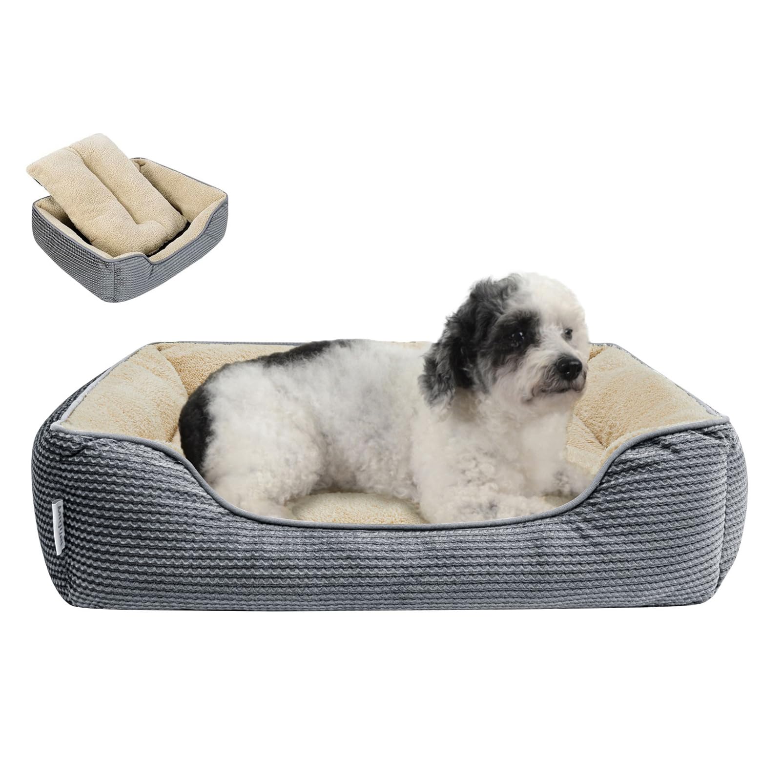 Miguel Cama para Perros con Cojín Extraíble para Perros Medianos Pequeños, Cama Lavable para Mascotas con Lado, Cama para Gatos Interior Rectangular Grande con Fondo Antideslizante, Gris 64cm