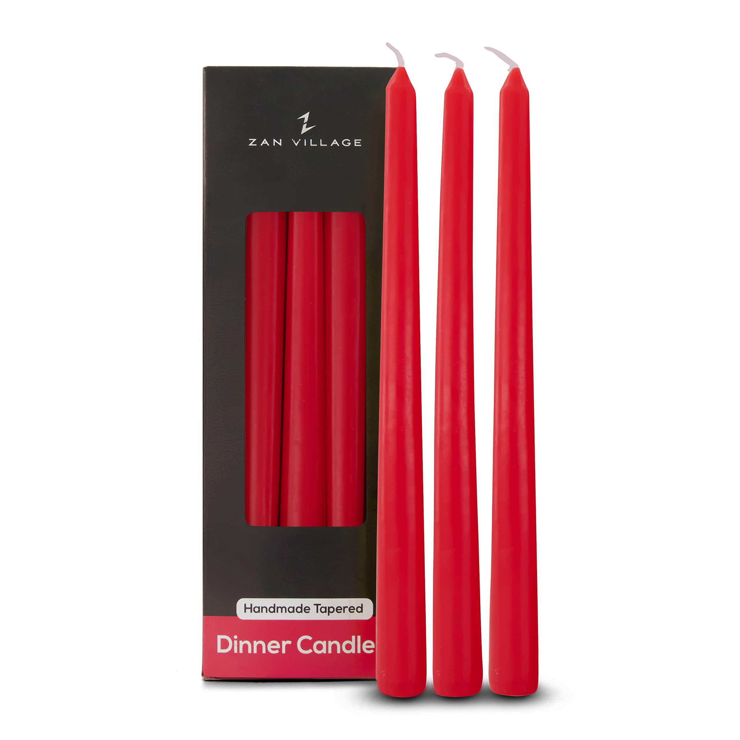Zan Village HomewareTaper Dinner Candles, 10 Pack, Long-Lasting 7-Hour Burn Time, Classic Long Venetian Style, Unscented, Dripless, Red