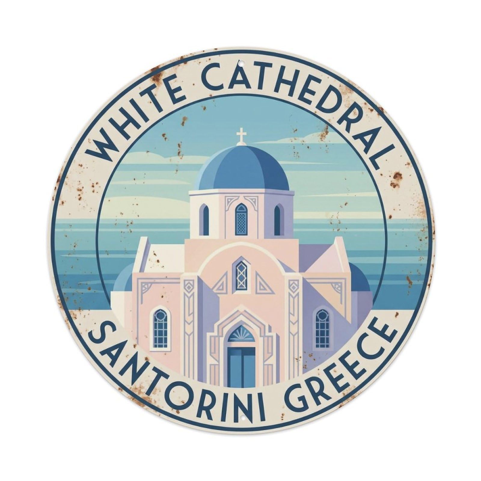 Vintage Travel Cathedral Santorini White 3 Metal Tin Sign