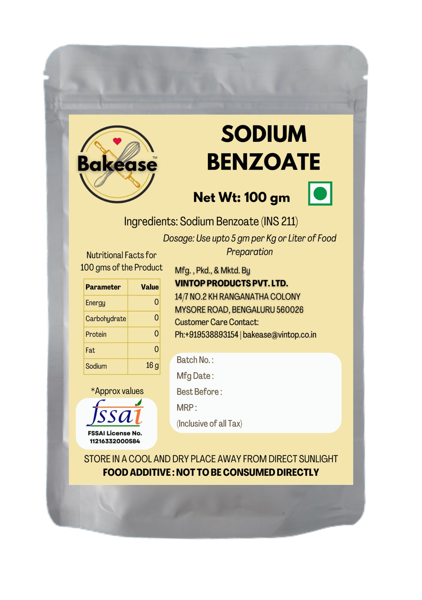Bakease Sodium Benzoate 100g | Food Grade Preservative | Ideal for Beverages, Sauces & Baking Applications