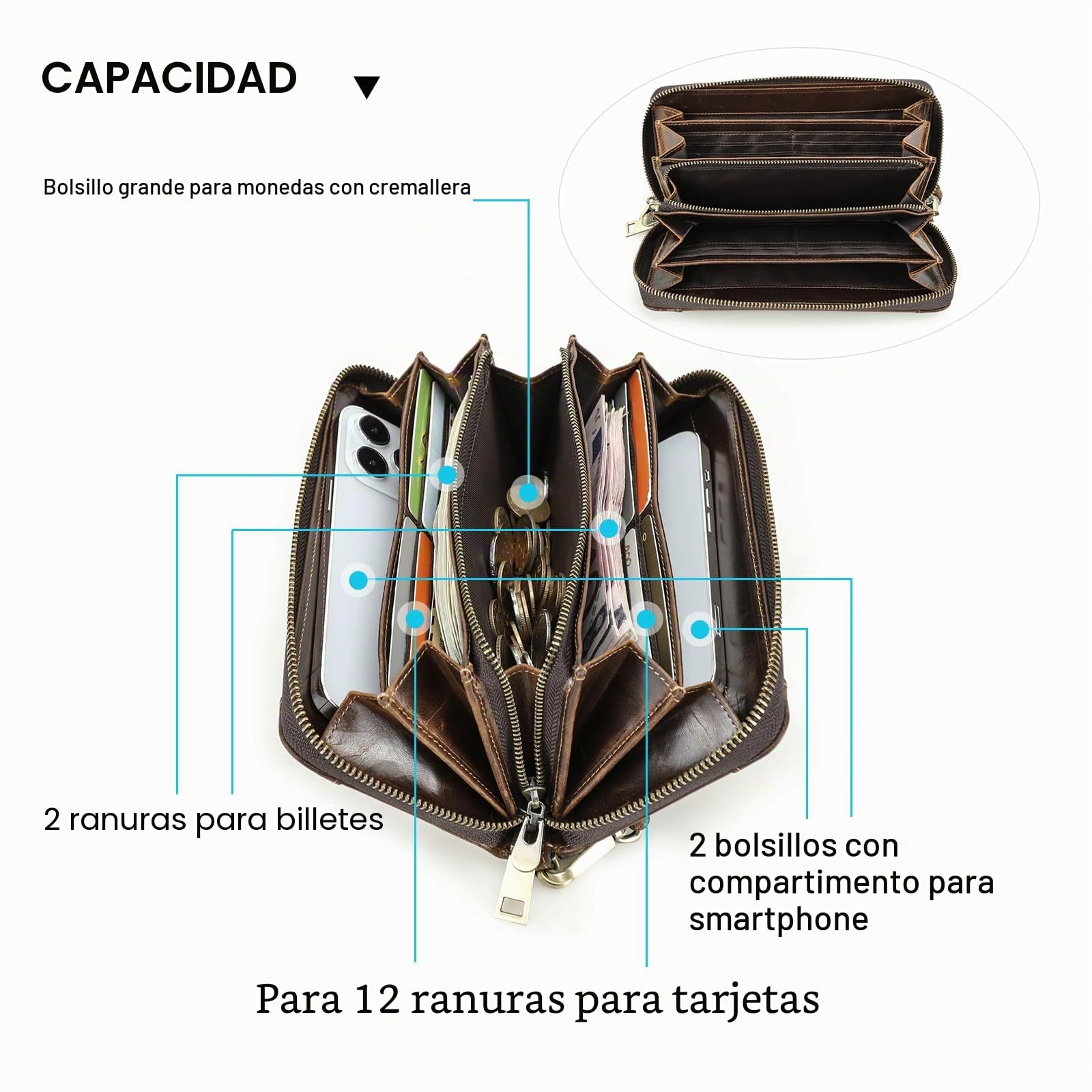 CONTACTS Cartera de Piel auténtica con Doble Cremallera Alrededor de los Hombres con 4 Capas intermedias Vintage Largo con muñequera