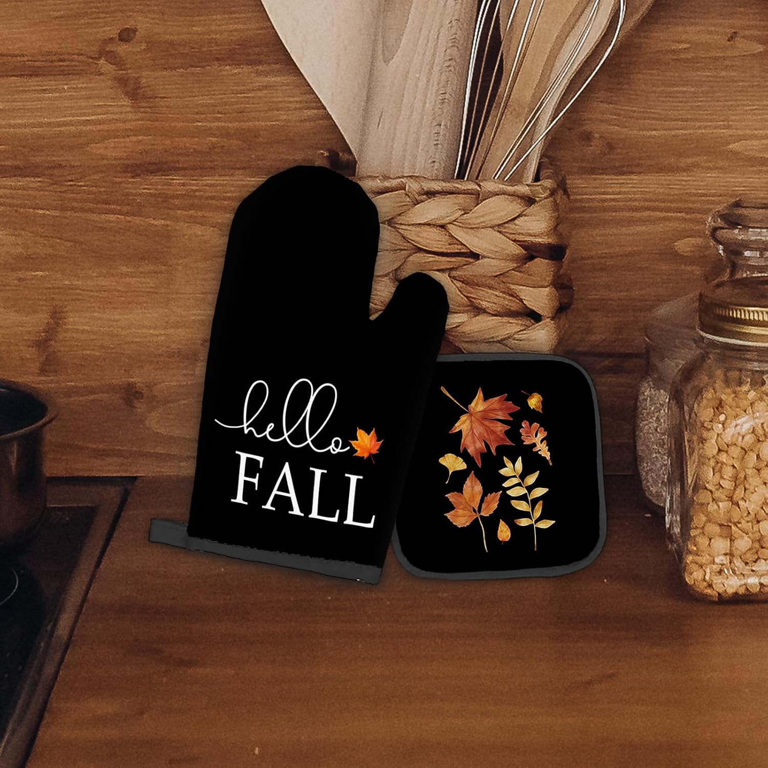 Black Fall Oven Mitts and Pot Holders Sets - Autumn Maple Leaves Kitchen Sets Accessories, Autumn Thanksgiving Gifts, Hello Fall Black Heat Resistant Oven Glove Potholders for Kitchen Cooking