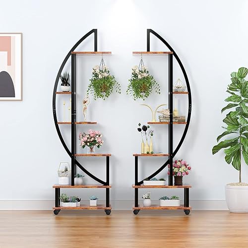 Miniatura 17 de 2 soportes de metal de 6 niveles altos para plantas de interior con ruedas desmontables, soporte para plantas para espacios exteriores con lazo