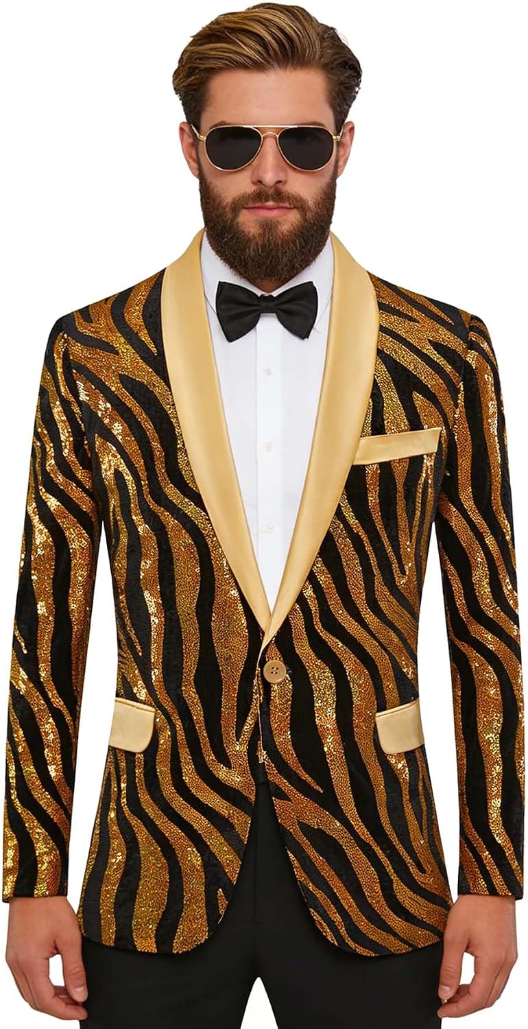 Men's Gold Sequin Zebra Blazer Jacket - Shiny Sparkly Tuxedo Coat for Party/Wedding/Performance