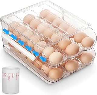 Egg Tray Organizer for Refrigerator, Egg Holder for Refrigerator, Rolling Egg Storage Container Dispenser for Refridge with Lid,Stackable Clear Plastic Storage Box for Fridge and Counter(2 layers)